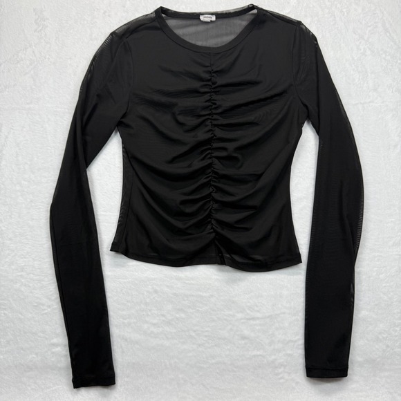 Garage Mesh Top Ruched Long Sleeve See Through Black Blouse Large - Picture 1 of 6